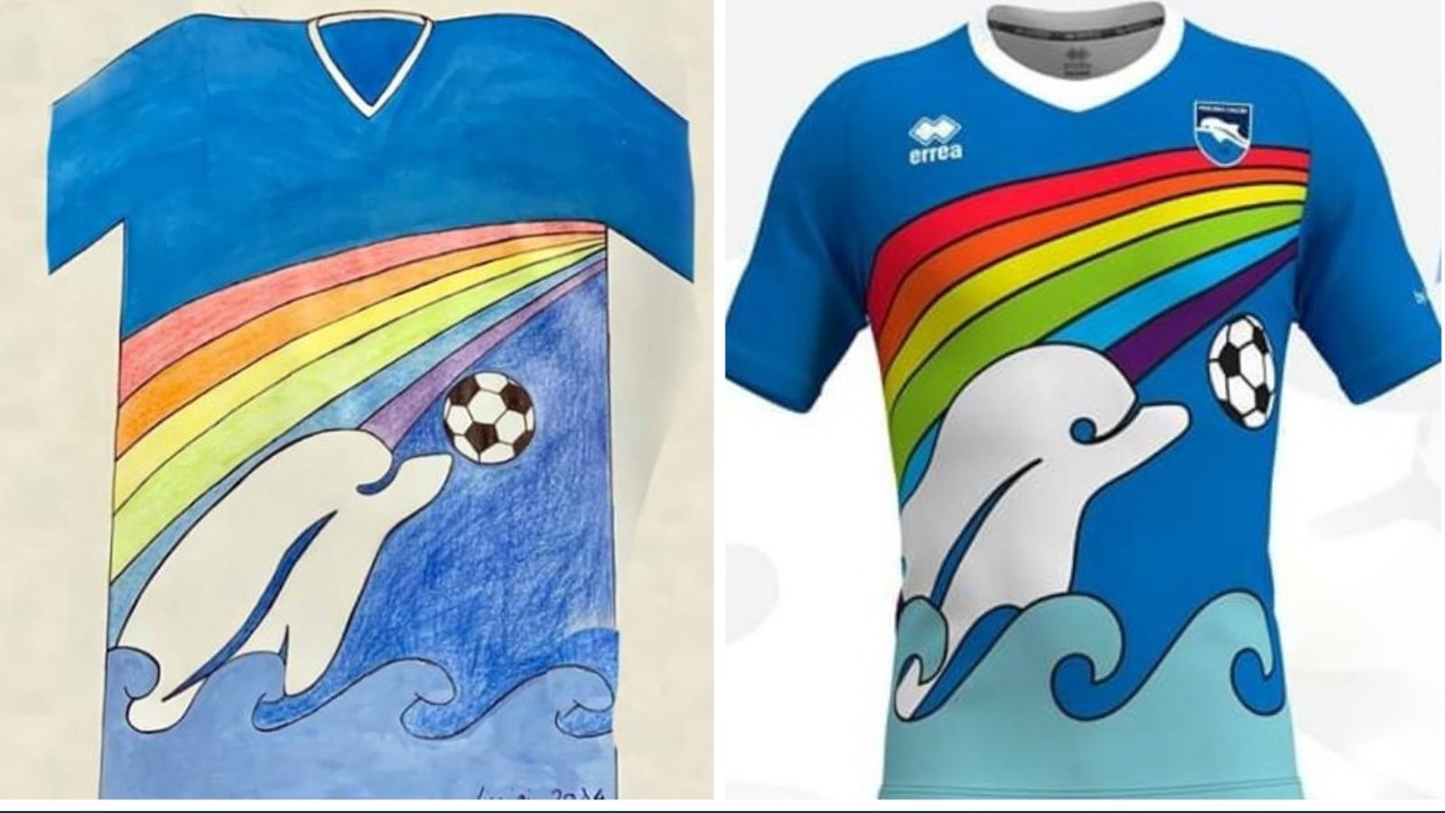 
                <strong>Pescara Calcio</strong><br>
                Der italienische Zweitligist Pescara Calcio hat einen Design-Wettbewerb ausgerufen, herausgekommen ist das vielleicht beste Sommertrikot überhaupt! Der kleine Luigi malte mit Buntstiften den Entwurf mit dem Wappentier des Vereins: einem Delfin, der im Meer und vor einem Regenbogen einen Fußball mit dem Kopf spielt. Das Design wird nun vom Klubausrüster Errea angefertigt, soll in den offiziellen Verkauf gehen und von Spielern getragen werden.
              