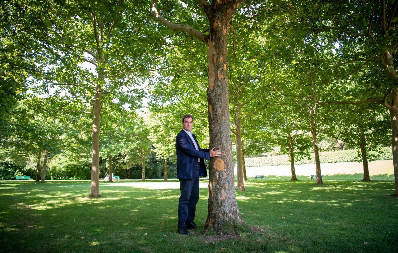 Um die Bedeutung des Umweltschutzes zu betonen, legte Söder im Sommer 2019 seine Hand an einen Baum hinter der bayerischen Staatskanzlei in München.