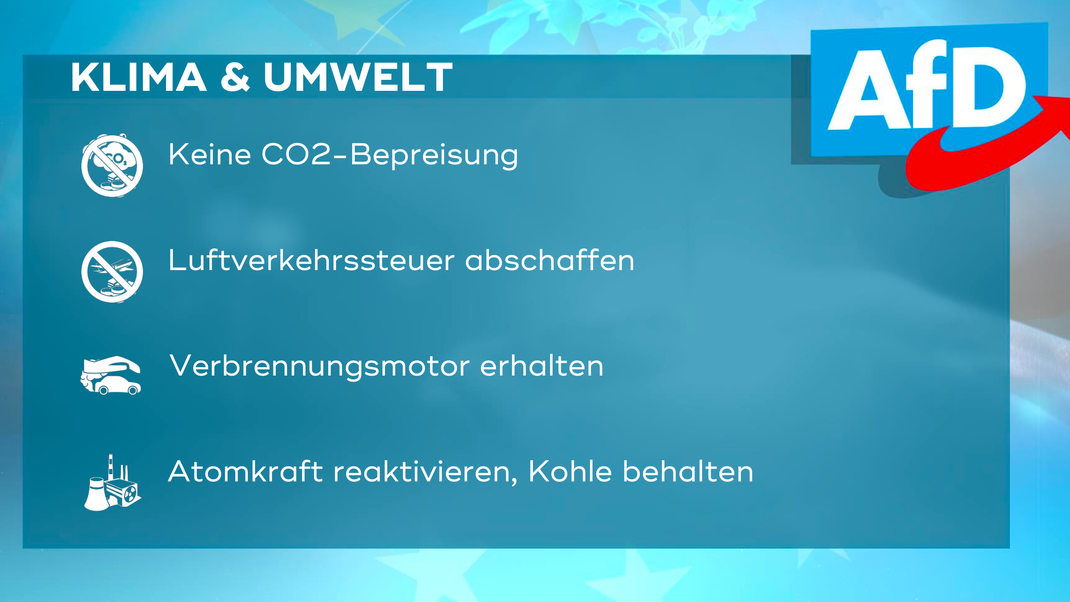 Die zentralen Forderungen der AfD in Bayern im Bereich "Klima und Umwelt" zur Europawahl 2024.