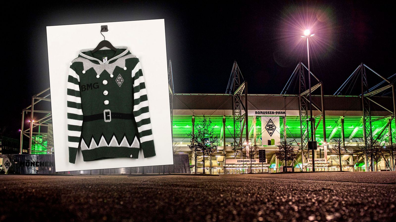 
                <strong>Borussia Mönchengladbach</strong><br>
                Autsch. Ob der Weihnachtsmann wohl Gladbach-Fan sein könnte, wenn er in diesem Aufzug Geschenke verteilen müsste? Aber auch die Borussia hat die Aufgabe verstanden und einen würdigen Ugly Sweater für dieses Jahr herausgebracht. Mit der Kapuze kann man zudem das Gesicht verstecken, sollte man gesehen werden. Wobei einen die raschelnde Bommel wohl dennoch verraten würde.
              