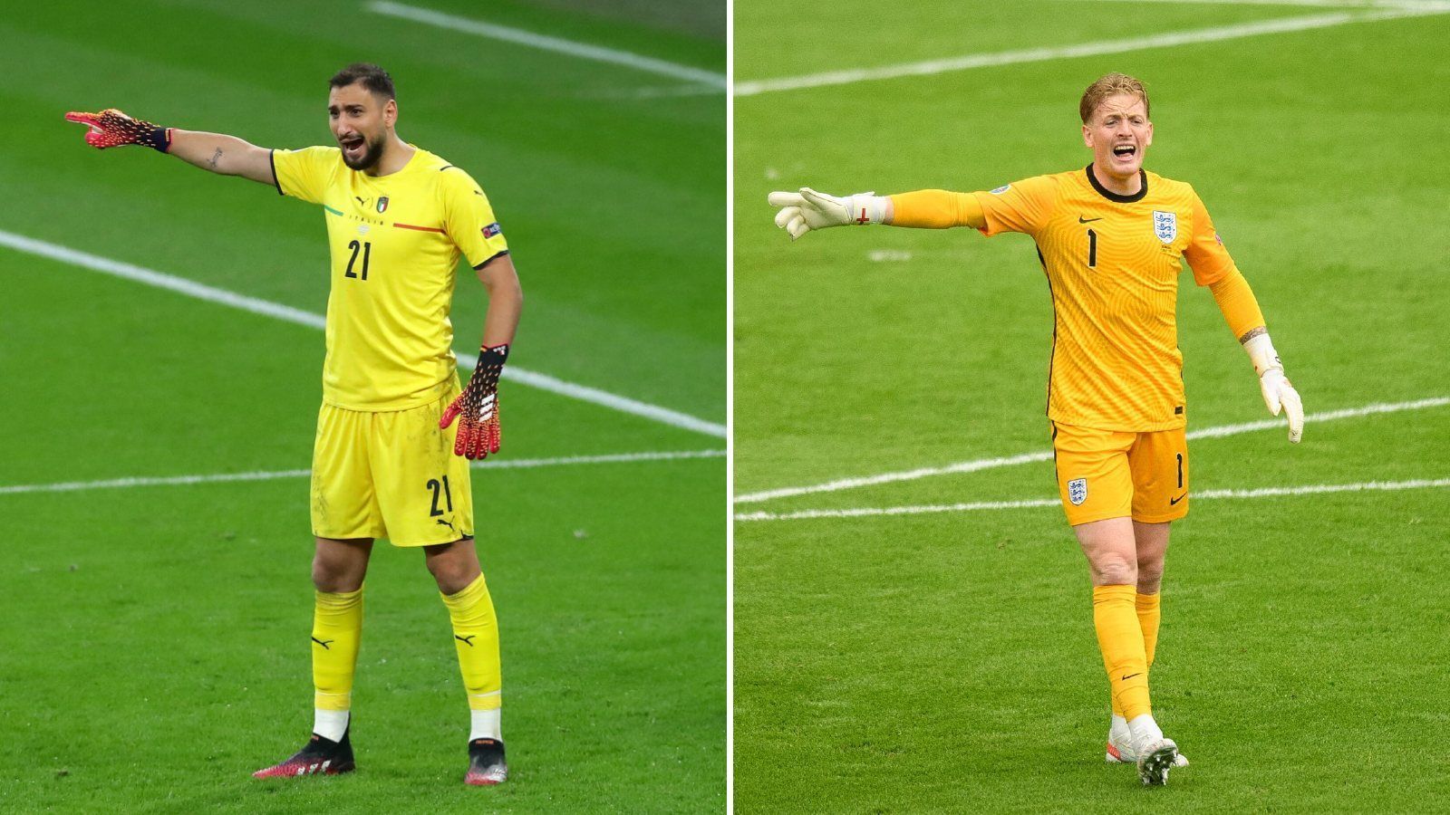 
                <strong>Tor: Gianluigi Donnarumma vs. Jordan Pickford </strong><br>
                Nach seinem parierten Strafstoß im Elfmeterschießen gegen Spanien dürfte Italiens Schlussmann Gianluigi Donnarumma wie beflügelt in dieses Endspiel gehen. Kann er seine bisherigen Leistungen im Turnier abrufen, dürfte es für Harry Kane und Co. kein angenehmer Tag vor dem Tor werden. Auch Jordan Pickford spielt auf der anderen Seite eine starke EM - nicht umsonst kassierten die Engländer erst im Halbfinale ihr erstes Gegentor. Dieses ging jedoch auch auf die Kappe des Schlussmanns, als er beim Freistoß von Dänemarks Damsgaard zu weit im Eck stand. Der Punkt im Tor geht deshalb an die Italiener. Stand 1:0.
              