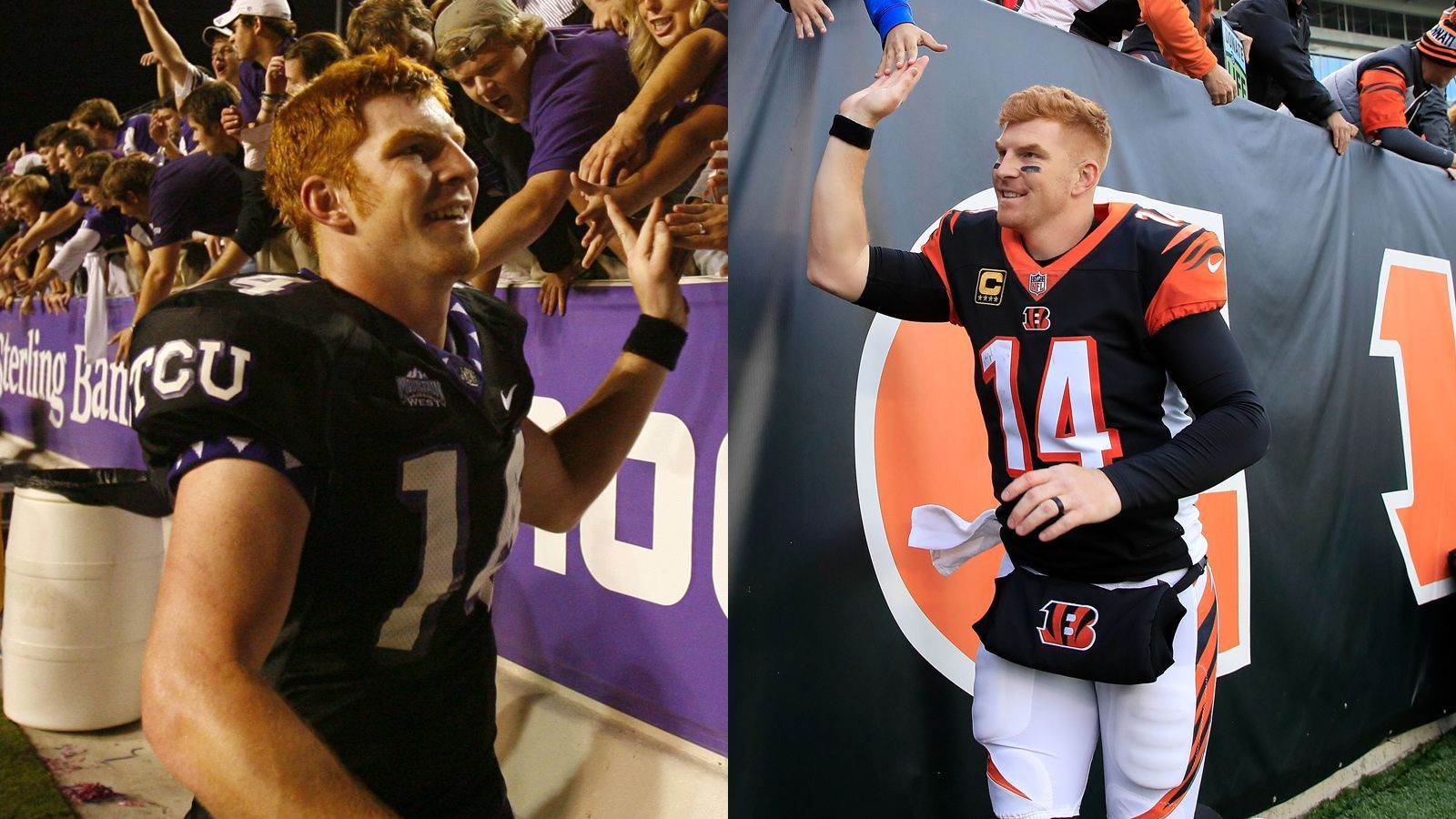 
                <strong>Andy Dalton 2009 und heute</strong><br>
                Beim Quarterback der Bengals hat sich nicht nur äußerlich nichts verändert, sondern auch die Nähe zu den Fans ist geblieben. Ob am College oder in der NFL - die Menge will abgeklatscht werden. 
              
