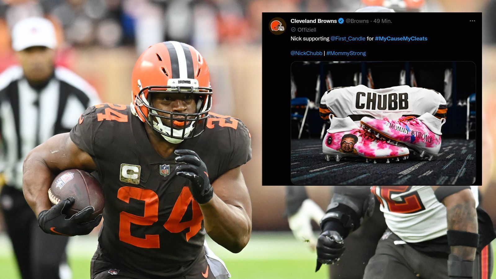 
                <strong>Nick Chubb</strong><br>
                Browns-Running-Back Nick Chubb nutzt seine Schuhe, um auf die Organisation First Candle aufmerksam zu machen. Diese kümmert sich um Familien, die ihr Kind oder Baby verloren haben.
              