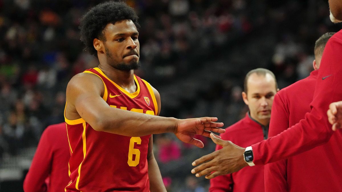 NCAA, College League, USA Basketball: Pac-12 Conference Tournament First Round USC vs Washington Mar 13, 2024; Las Vegas, NV, USA; USC Trojans guard Bronny James (6) returns to the bench in a game ...