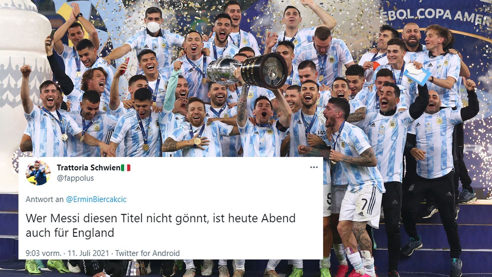 
                <strong>Vorgeplänkel zum EM-Finale zwischen Italien und England</strong><br>
                Oder wie Rudi Völler sagen würde: "Wer Lionel Messi den Titel nicht gönnt, hat den Fußball nie geliebt."
              