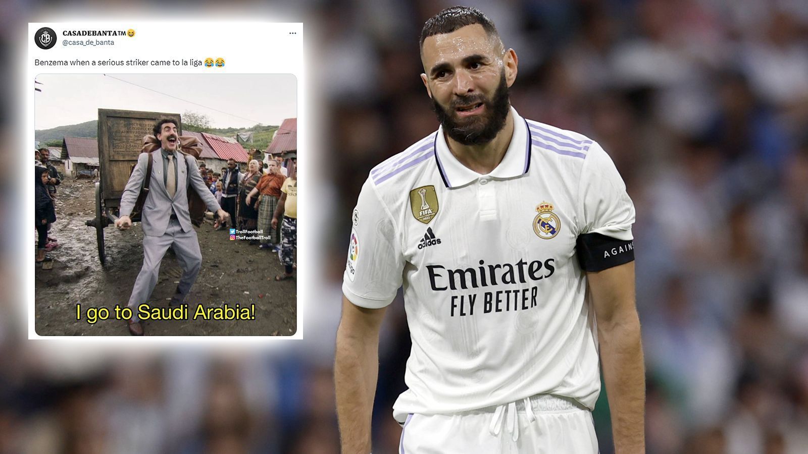 
                <strong>Netzreaktionen zu Karim Benzemas Real-Abschied</strong><br>
                Benzema als Borat, der ins Emirat flüchtet? Auch dieser Tweet kritisiert den wohl bevorstehenden Wechsel des Routiniers nach Saudi-Arabien. 
              