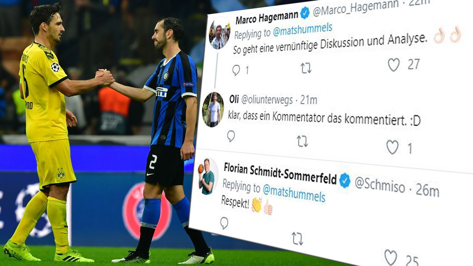 
                <strong>Lob von allen Seiten für Hummels</strong><br>
                Für diese Äußerung erntet Hummels großes Lob. So nennt es Kommentator Marco Hagemann eine "vernünftige Diskussion und Analyse" und auch unser ehemaliger ranNFL-Kommentator Florian Schmidt-Sommerfeld zollt Hummels "Respekt" für die Aktion.
              