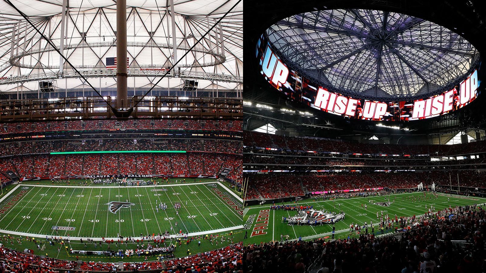 
                <strong>Das Stadion der Falcons 2009 und heute</strong><br>
                In der NFL verändern sich nicht nur die Akteure, sondern auch die Stadien. Der Georgia Dome - von 1992 bis 2016 das Zuhause der Atlanta Falcons - wurde im November 2017 abgerissen, mittlerweile trägt der Gastgeber des Super Bowl LIII seine Heimspiele im 2017 eröffneten Mercedes-Benz Dome aus.
              