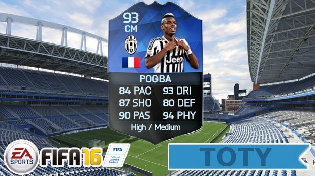 
                <strong>FIFA 16: Paul Pogba (TOTY Version)</strong><br>
                FIFA 16: Paul Pogba (TOTY Version). Gesamt-Stärke: 93. Das ist Pogbas höchste Wertung in seiner FIFA-Laufbahn. Allerdings handelt es sich hierbei um eine Spezial-Karte im Online-Modus "Ultimate Team". Die von FIFA-Insidern bekannte Seite "WhoScored.com" prognostiziert für Pogba eine Gesamt-Stärke von 87 in FIFA 17. Das ist offiziell noch nicht bestätigt.
              