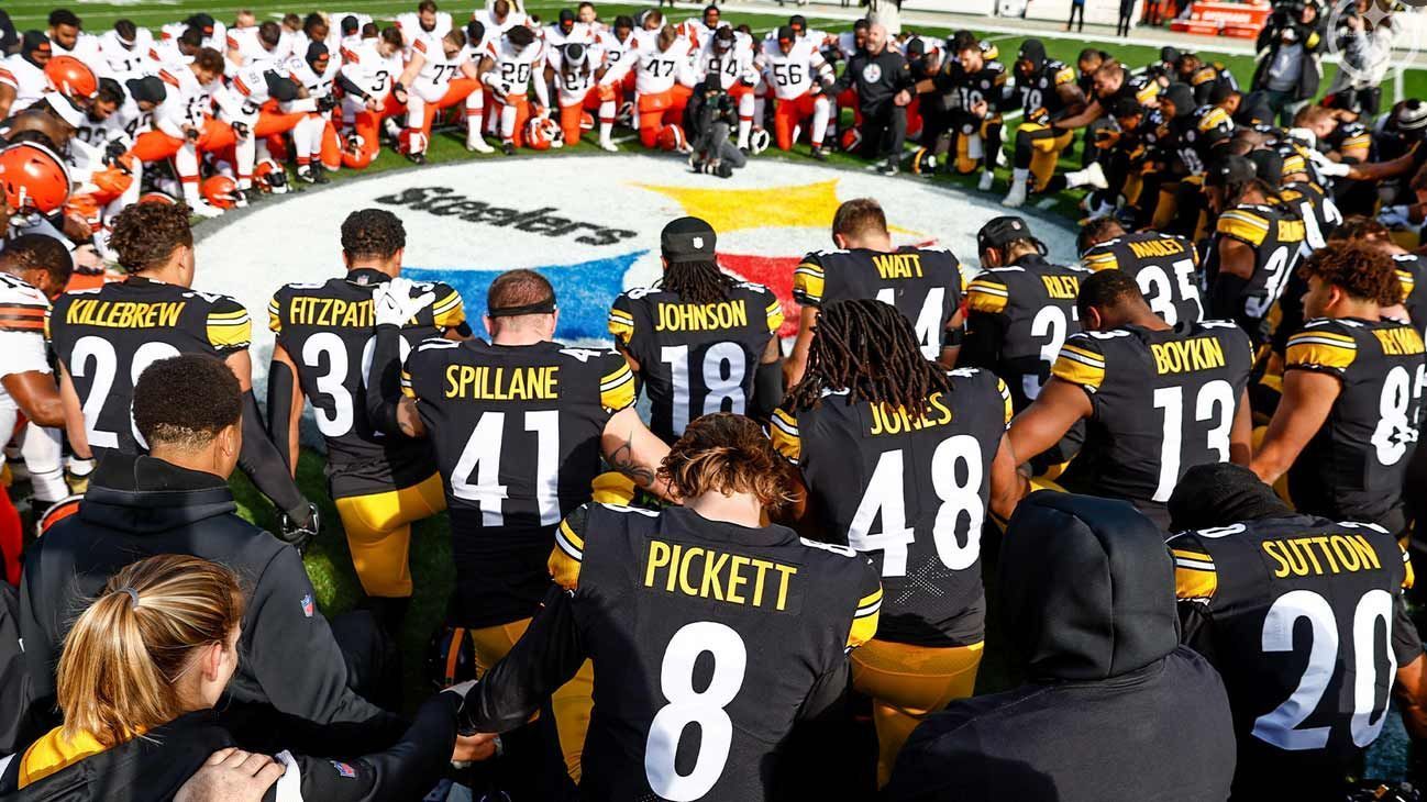 
                <strong>Gesamte NFL betet</strong><br>
                Die gesamte NFL betet für Damar Hamlin - wie hier bei den Pittsburgh Steelers und den Cleveland Browns.
              