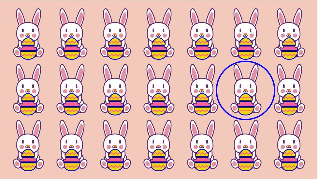 Der zweite Hase von rechts in der mittleren Reihe hält ein Osterei mit rosa Strichen statt einer gezackten Linie. Siehst du's?