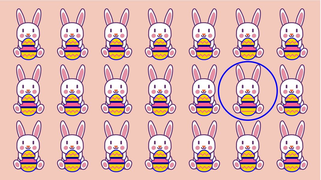 Der zweite Hase von rechts in der mittleren Reihe hält ein Osterei mit rosa Strichen statt einer gezackten Linie. Siehst du's?