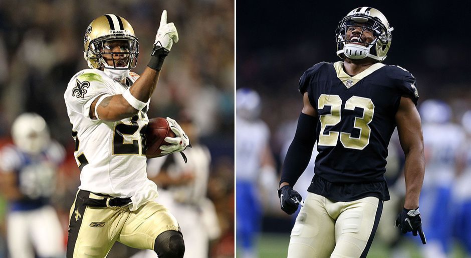 
                <strong>Cornerback</strong><br>
                2009: Tracy Porter (links) 2017: Marshon Lattimore (rechts)Die beiden Top-Cornerbacks von 2009 und 2017 bewegen sich auf einem ähnlichen Niveau. Porter kam 2009 auf vier Interceptions, Lattimore steht momentan auch bei vier INTs.
              