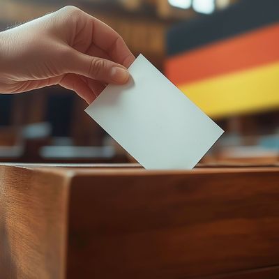 Parliamentary elections in Germany. In the foreground is a ballot box, symbolizing the voting process. Germany flag background