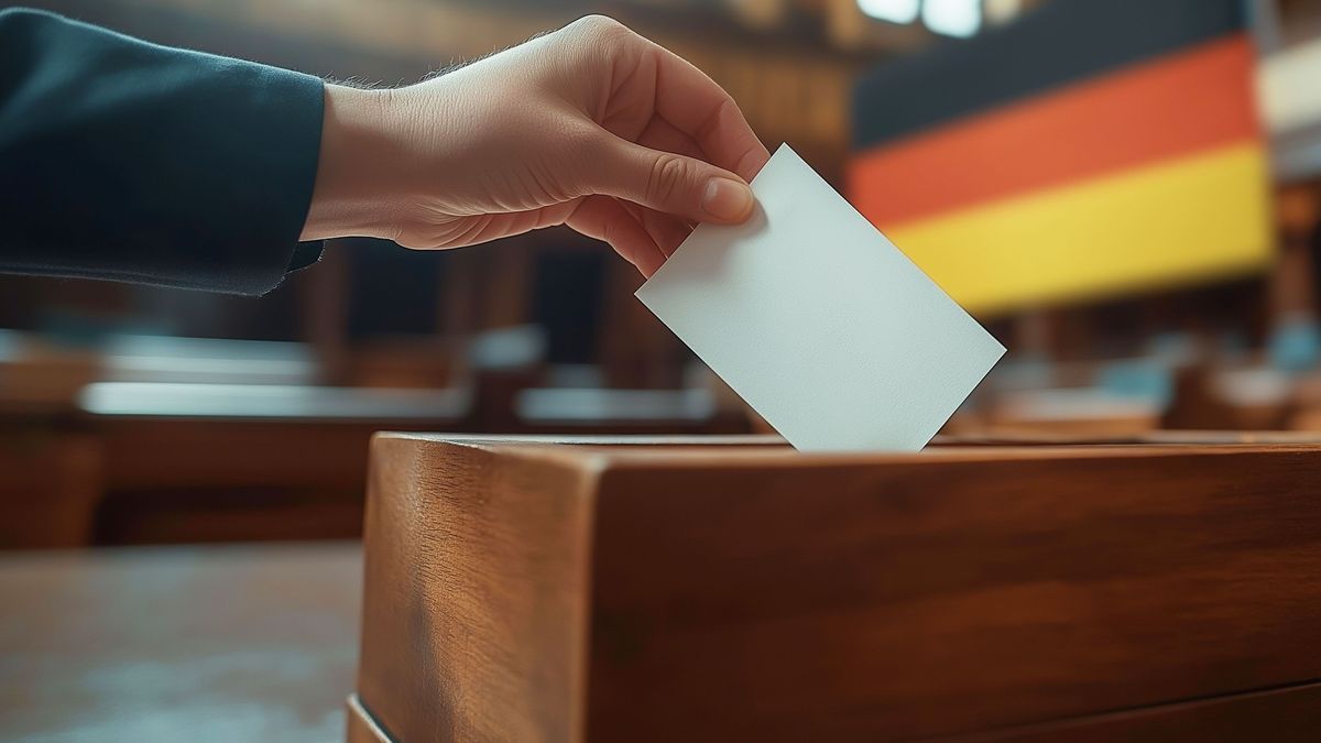 Parliamentary elections in Germany. In the foreground is a ballot box, symbolizing the voting process. Germany flag background