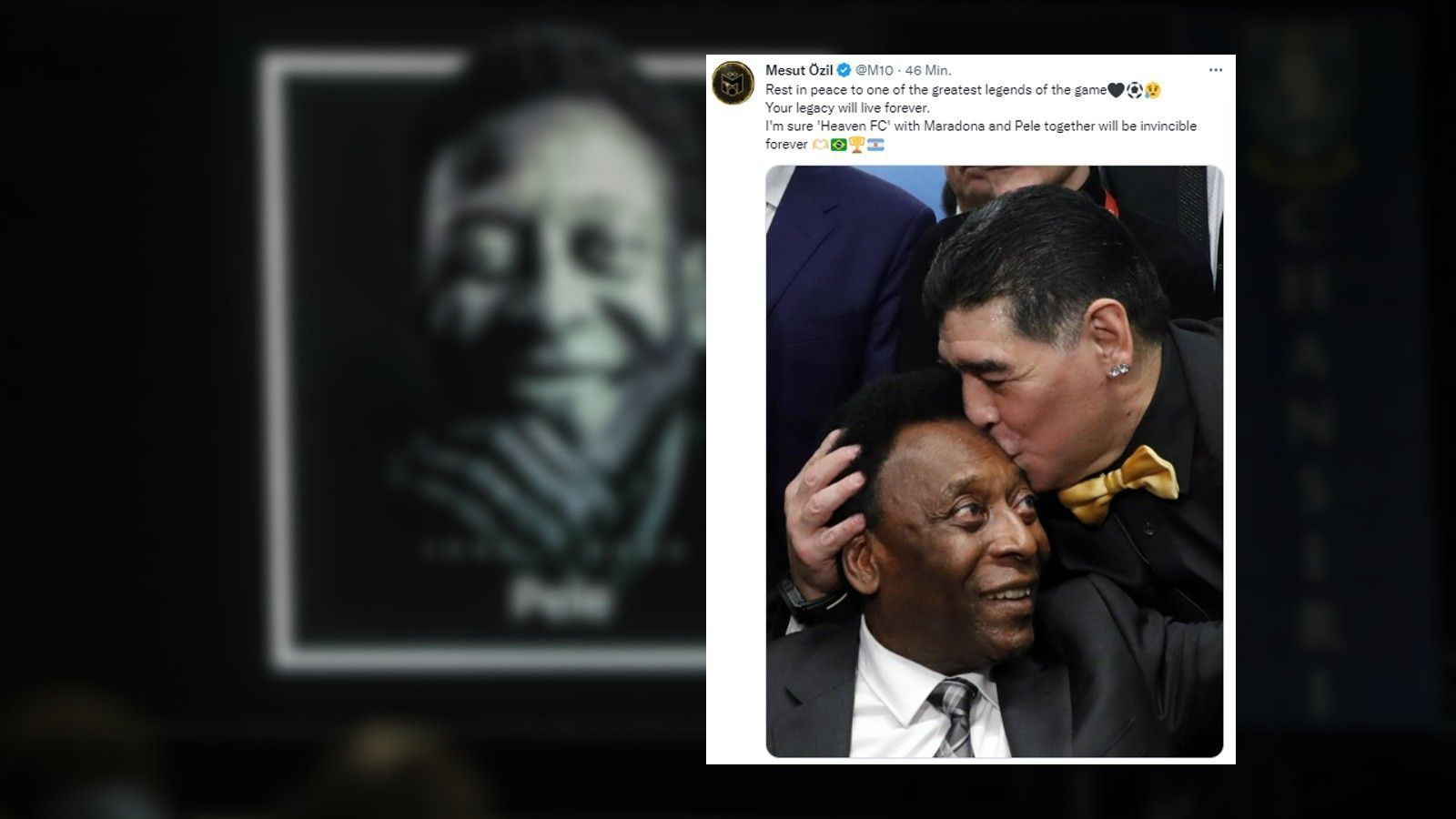 
                <strong>Mesut Özil</strong><br>
                "Ich bin sicher, dass der 'Heaven FC' mit Maradona und Pele auf ewig unbesiegbar sein wird", schreibt Ex-Nationalspieler Mesut Özil bei Twitter.
              