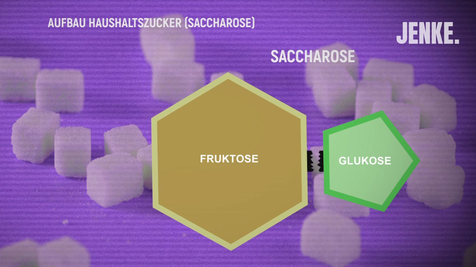 Haushaltszucker, auch Saccharose genannt, zählt zu den Kohlenhydraten und besteht aus Fruktose und Glukose.