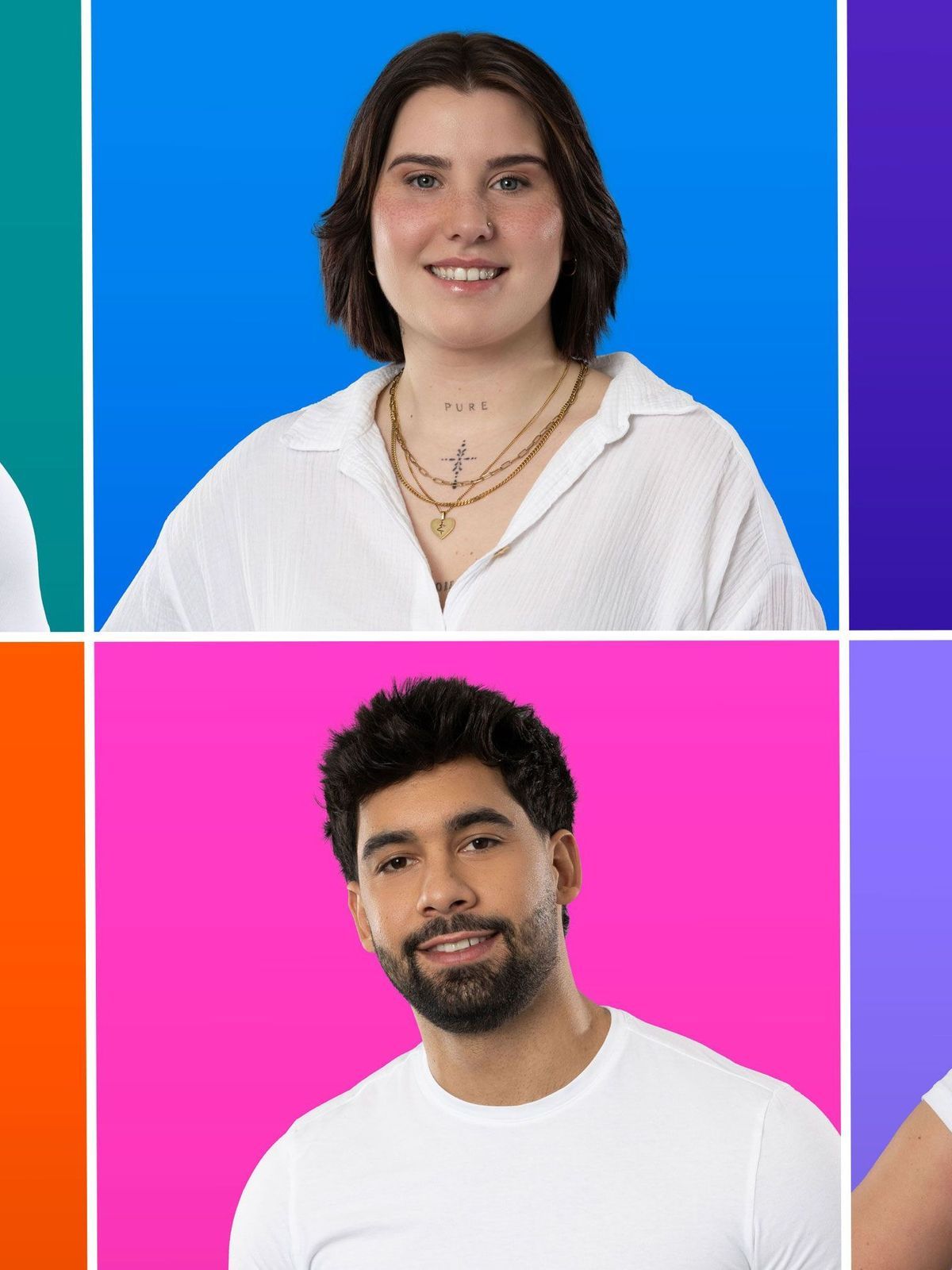 Das sind die Finalist:innen von "Big Brother" 2024: (von oben links nach unten rechts): Mateo, Maja, Marcus, Benedikt, Christian und Frauke