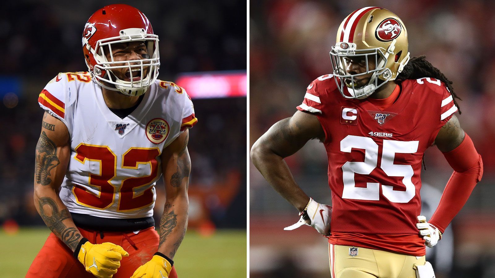 
                <strong>Defensive Backs im Head-to-Head-Vergleich</strong><br>
                Natürlich überstrahlen Tyrann Mathieu (l.) und Richard Sherman (r.) im Backfield alles. Der Chiefs-Safety startet mit der Empfehlung von zwei Sacks und vier Interceptions in seinen ersten Super Bowl, der Cornerback der 49ers fing fünf Pässe ab und trug den Ball einmal in die Endzone. Mit 16 hat KC zwar eine Interception mehr auf dem Konto als die Niners, doch denen gelangen drei dieser 15 Ballgewinne in den Playoffs. Die Chiefs glänzten 2019 zudem vor allem gegen Wide Receiver, die sich ganz außen aufstellten. Hier überragte vor allem Cornerback Chavarius Ward, der über 1000 Snaps spielte und dabei eine Fangquote von 47 Prozent zuließ. Zudem hatten Quarterbacks, die in seine Richtung warfen, ein Passer-Rating von 67,3. Die Niners hingegen waren in ihrer Zonen-Verteidigung schlagbar, wenn der Ball nicht in Shermans Richtung flog. Daher geht dieser Punkt an die Chiefs, die wieder ausgleichen, 5:5.
              