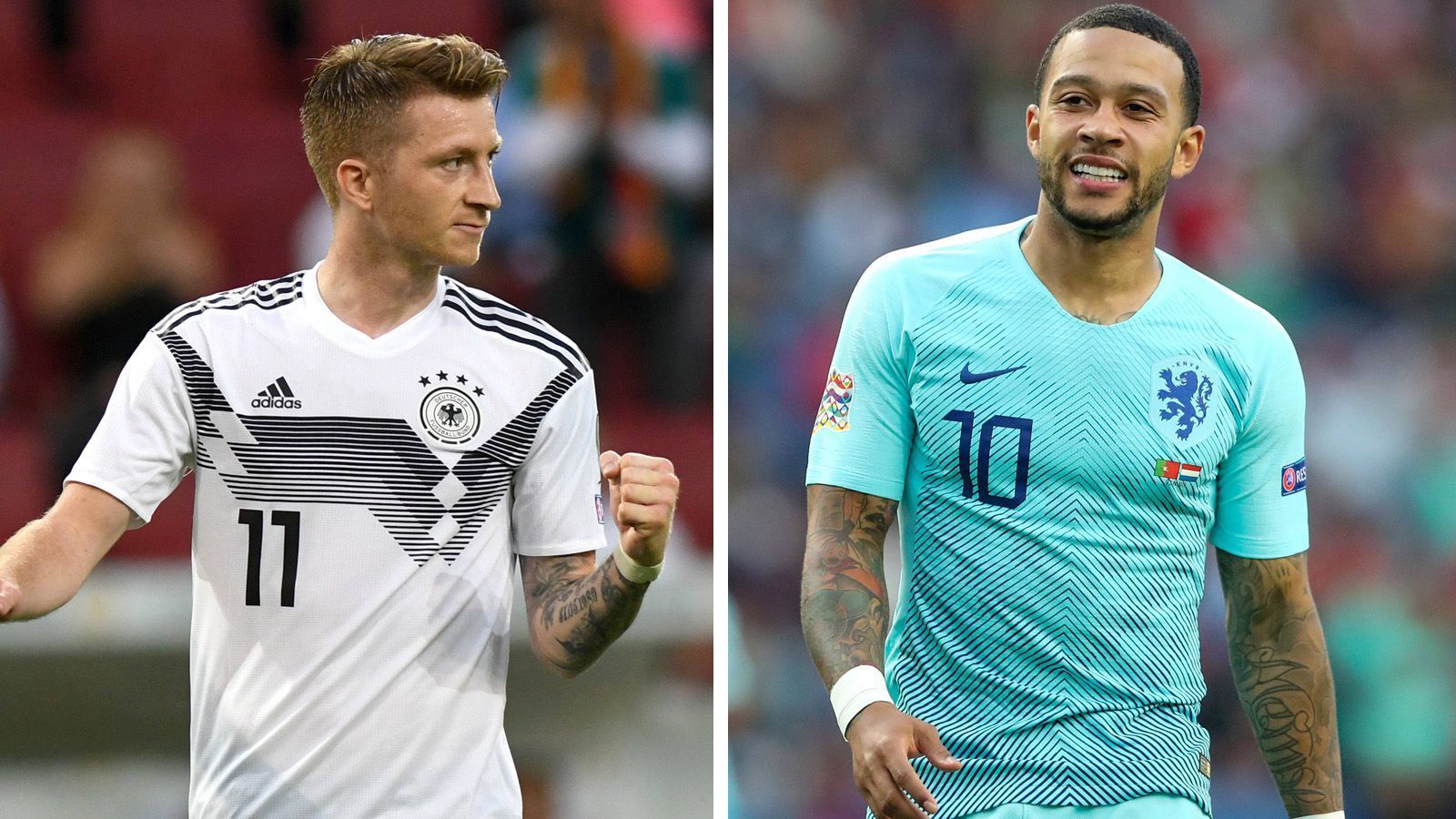 
                <strong>Angriff: Marco Reus vs. Memphis Depay</strong><br>
                Der BVB-Kapitän wird auch gegen die Niederlande wohl wieder in vorderster Front agieren, nach dem Aus von Müller, Boateng und Hummels übernimmt Reus auch im DFB-Trikot eine Führungsrolle und überzeugt zudem mit seiner individuellen Klasse. Das Momentum spricht derzeit jedoch etwas mehr für seinen Gegenüber Memphis Depay. Der 25-Jährige konnte bei Olympique Lyon in bislang vier Ligaspielen mit vier Toren und einer Vorlage überzeugen. Der Punkt geht daher hauchdünnan den Niederländer Depay, 6:6! 
              