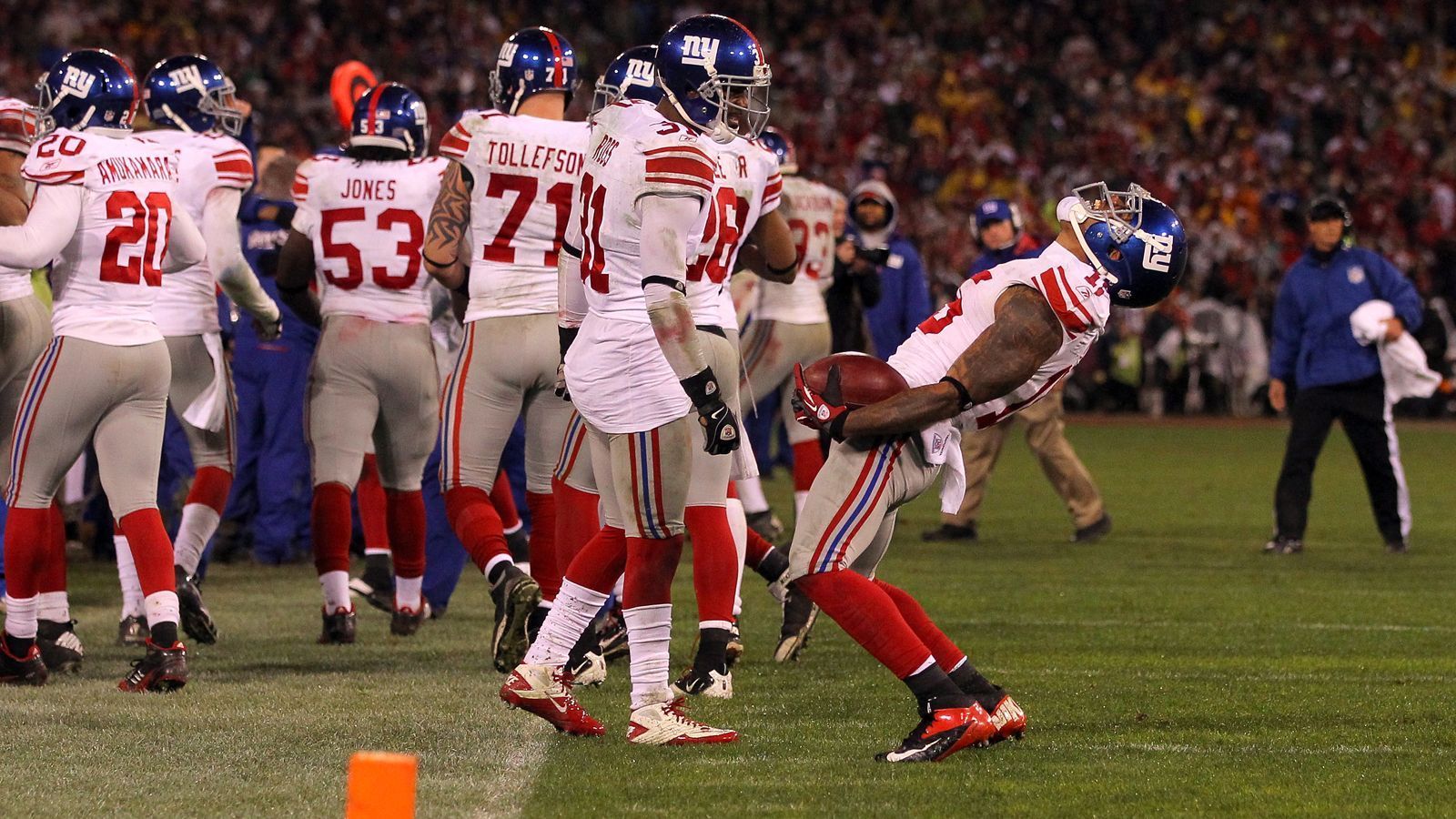 <strong>Platz 7 (geteilt): New York Giants</strong><br>
                Playoff-Spiele: 51<br>Playoff-Siege: 26