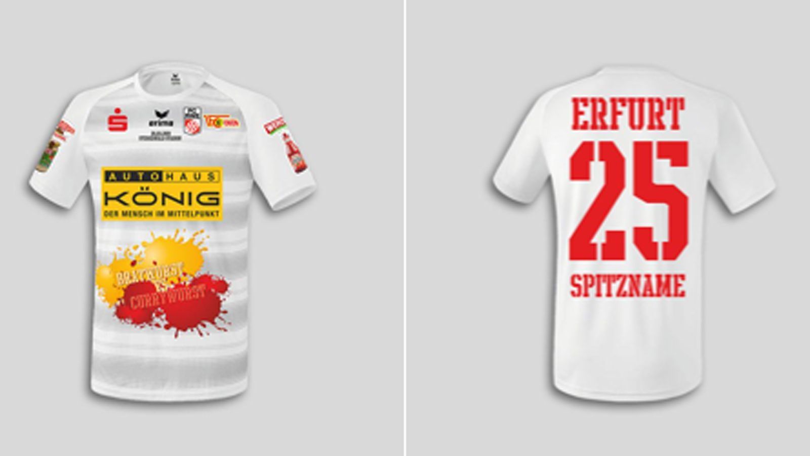 
                <strong>Trikot mit Senf- und Ketchup-Flecken</strong><br>
                Thüringer Rostbratwurst gegen Berliner Currywurst: So lautet das Motto des Testspiels am 20. März zwischen dem Regionalligisten FC Rot-Weiß Erfurt und dem Zweitligisten 1. FC Union Berlin. Passend dazu wurde ein Sondertrikot mit Senf- und Ketchup-Flecken kreiert. Wenn da kein Appetit aufkommt… Im Online-Shop des Vereins lässt sich das Trikot bereits vorbestellen. Kostenfaktor inkl. Beflockung: läppische 79,95 Euro
              