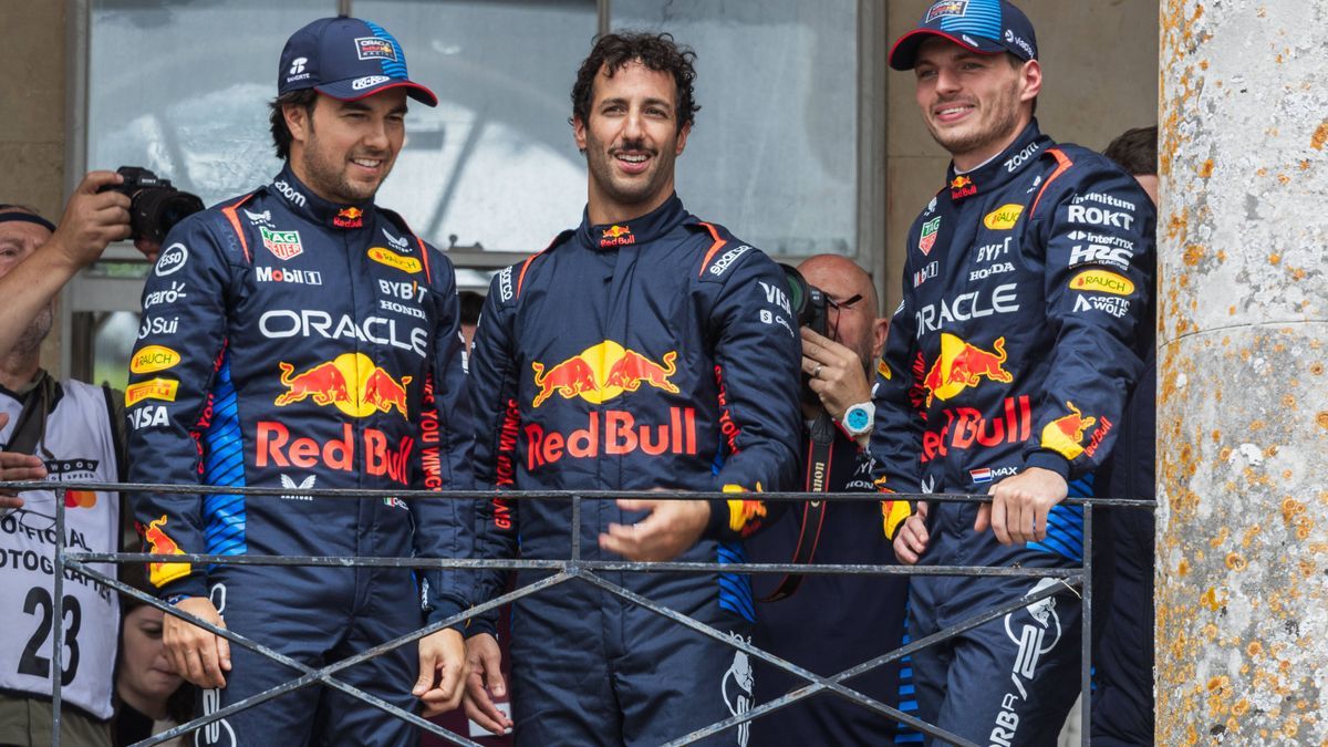 Goodwood circuit, Chichester, West Sussex, United Kingdom, 14.July.2024; Max Verstappen, Daniel Ricciardo and Sergio Perez during Goodwood Festival of Speed PUBLICATIONxNOTxINxJPN (259934472)