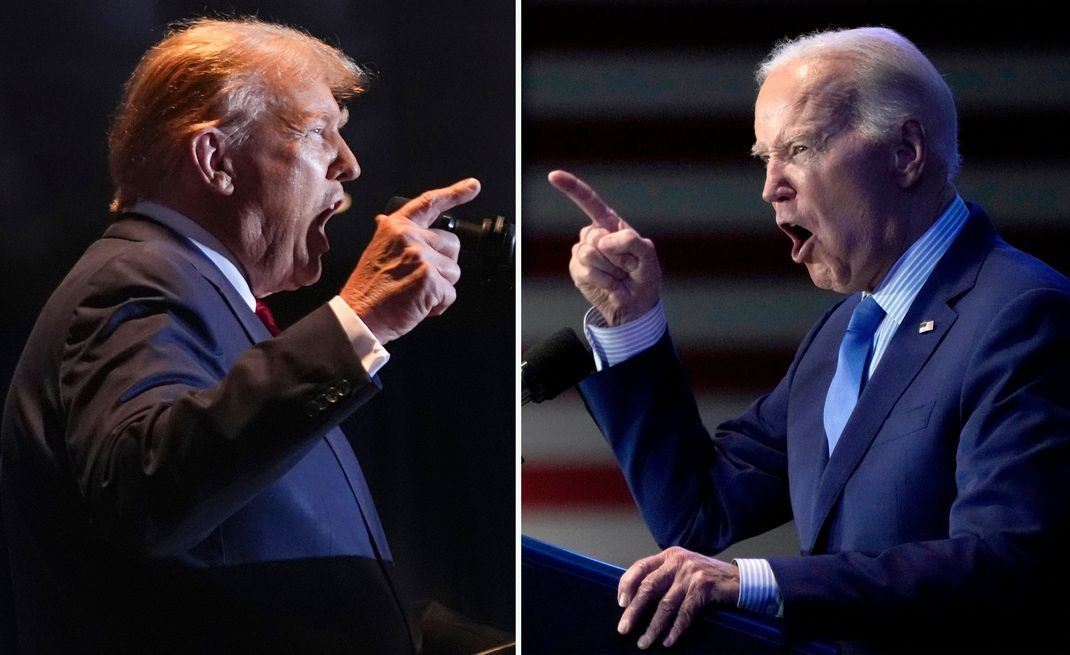 Zwei gegenübergestellte Fotos zeigen die voraussichtlichen Präsidentschaftskandidaten Donald Trump (l.) und Joe Biden bei Wahlkampfreden.