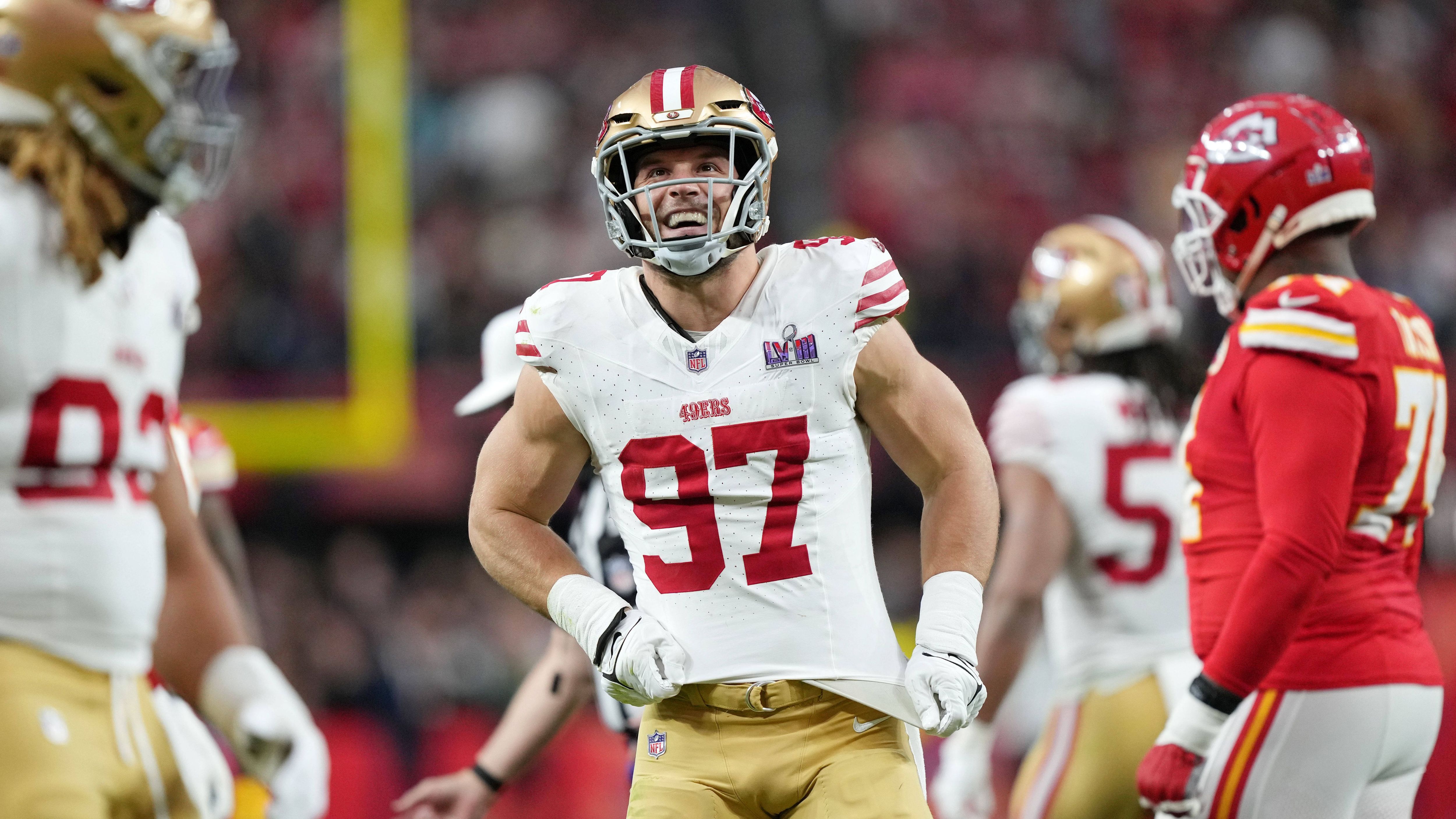 <strong>San Francisco 49ers</strong><br>- Nick Bosa, Defensive End, Jahresgehalt: 34 Mio. Dollar<br>- Brandon Aiyuk, Wide Receiver, Jahresgehalt: 30 Mio. Dollar<br>- Trent Williams, Offensive Tackle, Jahresgehalt: 27,55 Mio. Dollar<br>- Deebo Samuel, Wide Receiver, Jahresgehalt: 23,85 Mio. Dollar<br>- Javon Hargrave, Defensive Tackle, Jahresgehalt: 21 Mio. Dollar