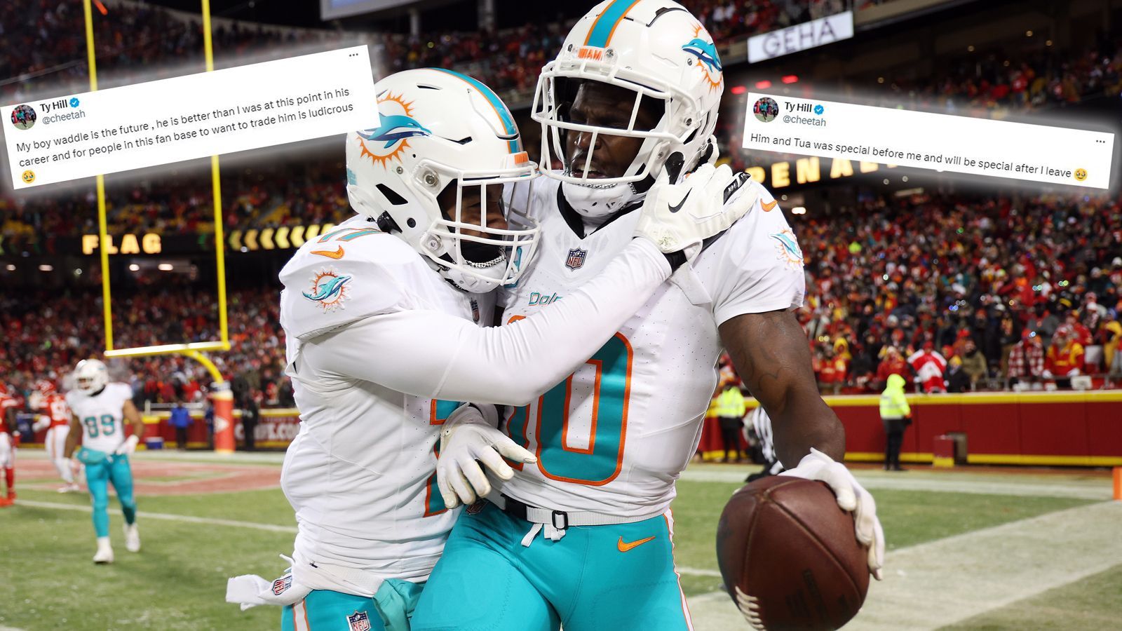 <strong>Hill hofft auf Waddle-Verbleib<br></strong>Dolphins-Receiver Tyreek Hill hat sich via "X" für einen Verbleib von Jaylen Waddle eingesetzt. "Mein Junge Waddle ist die Zukunft, er ist besser als ich es zu diesem Karriere-Zeitpunkt war und es ist lächerlich, dass Leute aus dieser Fangemeinde ihn traden wollen", schrieb Hill über Waddle, der in dieser Offseason erstmals eine Verlängerung unterschreiben könnte.