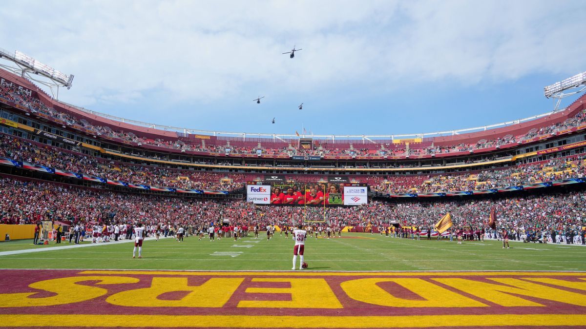 LANDOVER, MD - SEPTEMBER 25: Stadium view of FedEX field during the flyover during the game between the Philadelphia Eagles and the Washington Commanders on September 25, 2022 at Fedex Field in Lan...