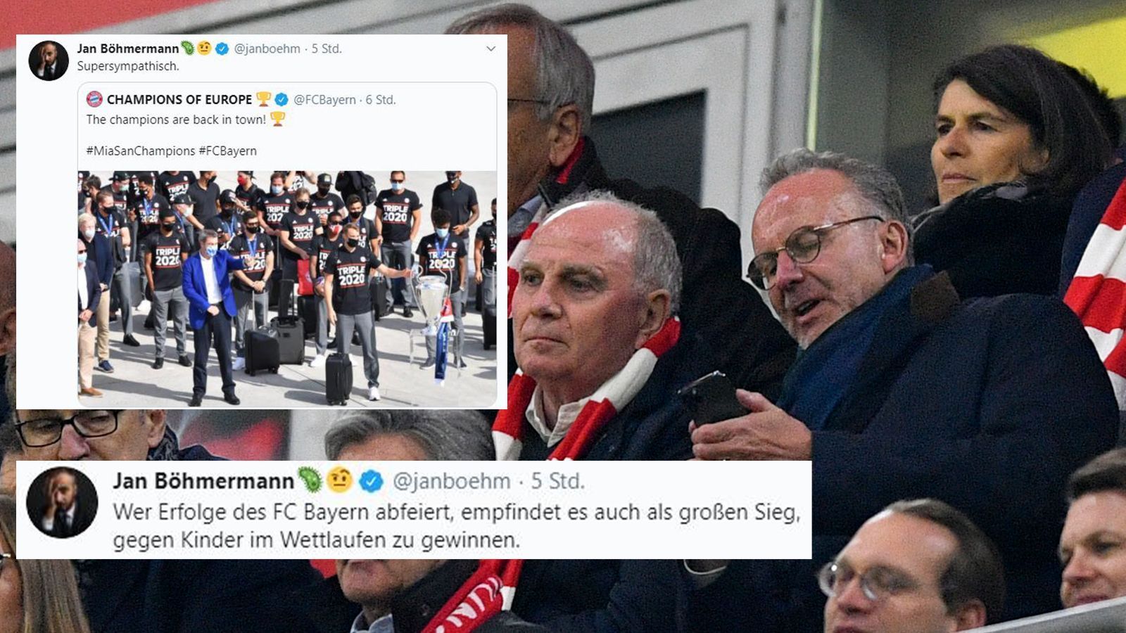 
                <strong>Beginn der Verschmähung am Abend nach dem Champions-League-Sieg</strong><br>
                Am Montagabend um kurz nach halb sechs startet die Schimpftirade Böhmermanns. Erst retweetet er ein Bild von der Ankunft des FC Bayern am Flughafen in München. Dann gibt er kund, wie viel er von den Fans der Münchner hält.
              