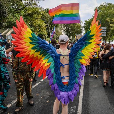 Ein Teilnehmer des Christopher Street Day (CSD) in Bremen trägt regenbogenfarbene Flügel.