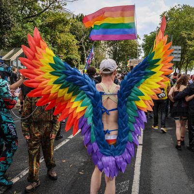 Ein Teilnehmer des Christopher Street Day (CSD) in Bremen trägt regenbogenfarbene Flügel.