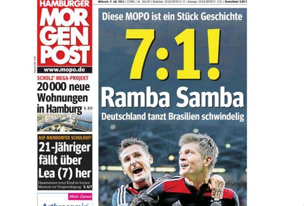 
                <strong>Hamburger Morgenpost</strong><br>
                Bei der "Hamburger Morgenpost" herrscht nach dem sensationellen Triumph der Löw-Elf nur noch "Ramba Samba".
              
