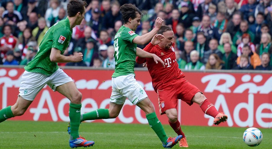 
                <strong>32. Bundesliga-Spieltag (Saison 2011/2012)</strong><br>
                Weder Bremen vs. FC Bayern München 1:2; 32. Spieltag 2011/2012: Nach Vorarbeit von Toni Kroos erzielte Frank Ribery am 32. Spieltag der Saison 2011/2012 den Siegtreffer zum 2:1 gegen Werder Bremen.
              