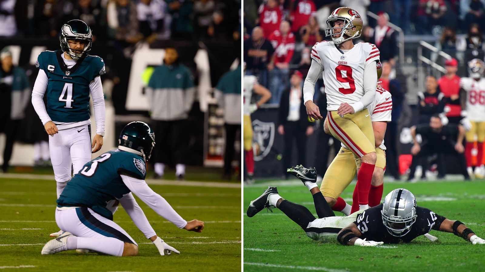 
                <strong>Special Teams</strong><br>
                Jake Elliott (l.) hatte 2017 großen Anteil am Super-Bowl-Erfolg und hat auch seitdem noch kein Field Goal in der Postseason verfehlt. Auch bei den längeren Versuchen über 50 Yards versenkte er in den vergangenen zwei Jahren acht von neun. Robbie Gould hat dafür fast 18 Jahre NFL-Erfahrung, hat zudem nach ein paar Fehlern zu Beginn 16 der vergangenen 17 Versuche getroffen und war mit vier von vier Field Goals mit einer der Matchwinner in der Divisional Round gegen die Dallas Cowboys. Den kleinen Vorteil für San Francisco bringt Punter Mitch Wishnowsky, der ligaweit am meisten Punts innerhalb der gegnerischen 20 Yard-Line platzierte (prozentual gesehen) - 5:4 Eagles
              