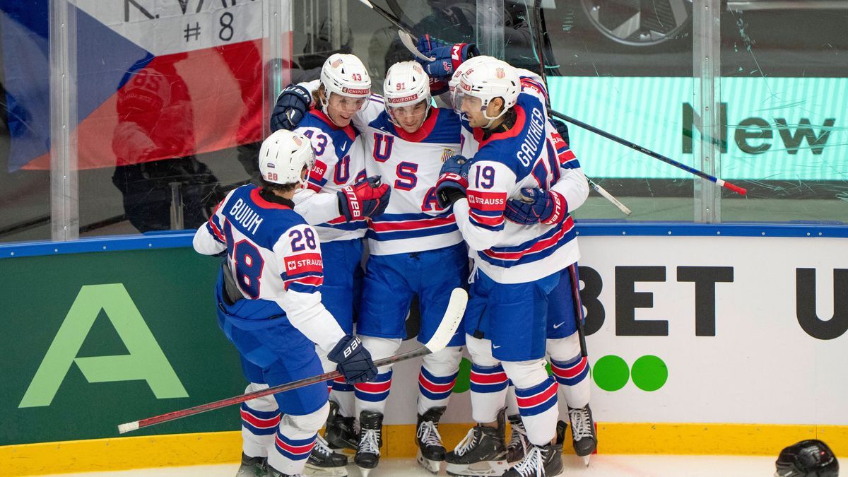 Denmark IIHF Hockey Worlds: Czechia vs. USA USA celebrate after Frank Nazar has scored to 2-2 during the group B match between Czechia and USA at the IIHF Ice hockey, Eishockey World Championships ...