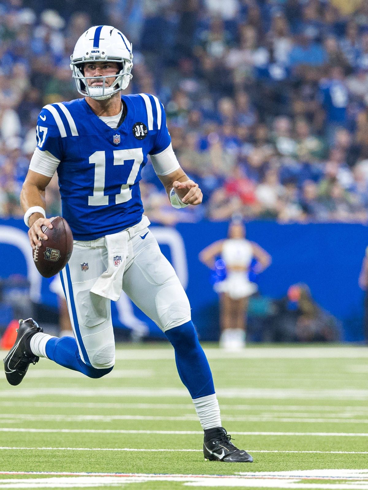 August 16, 2025: Indianapolis Colts quarterback Daniel Jones (17) runs with the ball during NFL, American Football Herren, USA preseason game action against the Green Bay Packers at Lucas Oil Stadi...