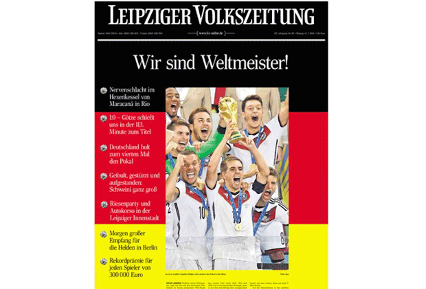 
                <strong>Leipziger Volkszeitung</strong><br>
                Besonders auffällig ist am Montag die "Leipziger Volkszeitung". Eine Titelseite in schwarz-rot-gold mit dem schlichten Titel "Wir sind Weltmeister", so auffällig dürfte heute kaum eine andere Tageszeitung am Kiosk liegen.
              