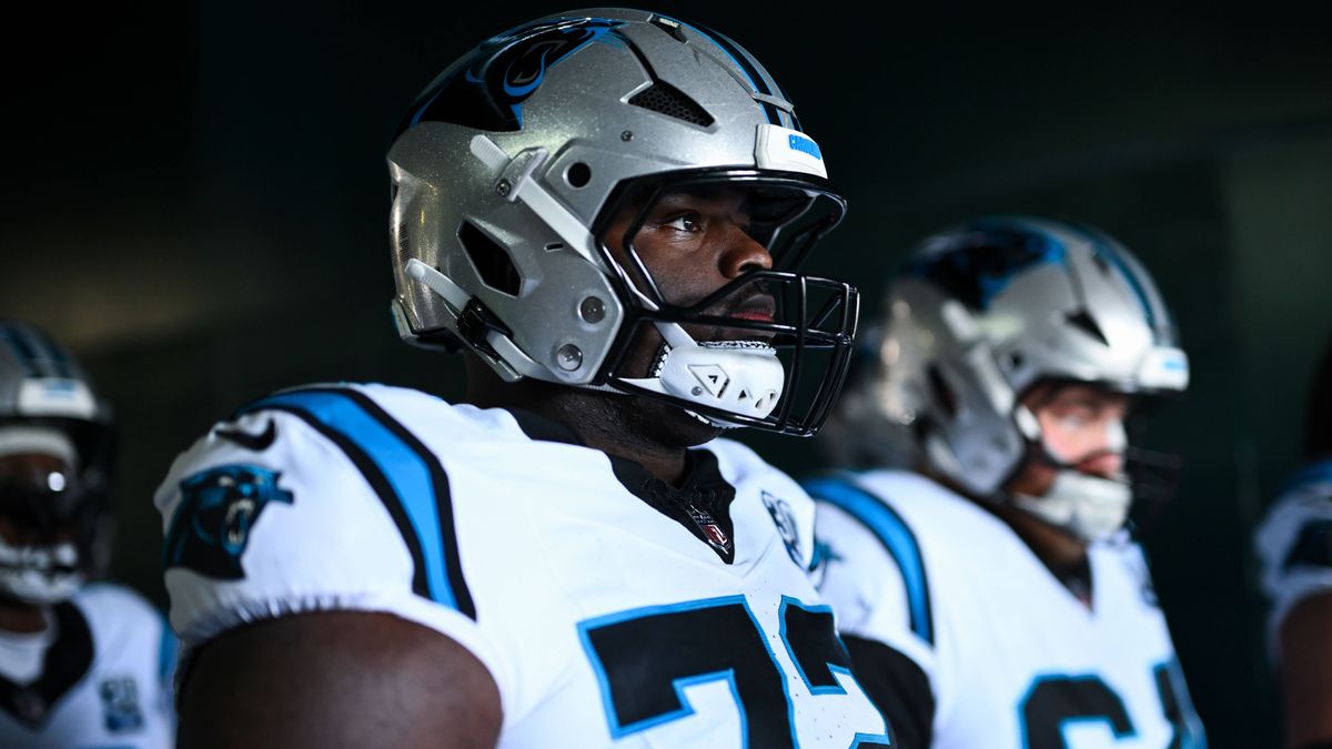 PHILADELPHIA, PA - DECEMBER 08: Carolina Panthers offensive lineman Taylor Moton (72) looks on before the game between the Carolina Panthers and Philadelphia Eagles on December 08, 2024 at Lincoln ...