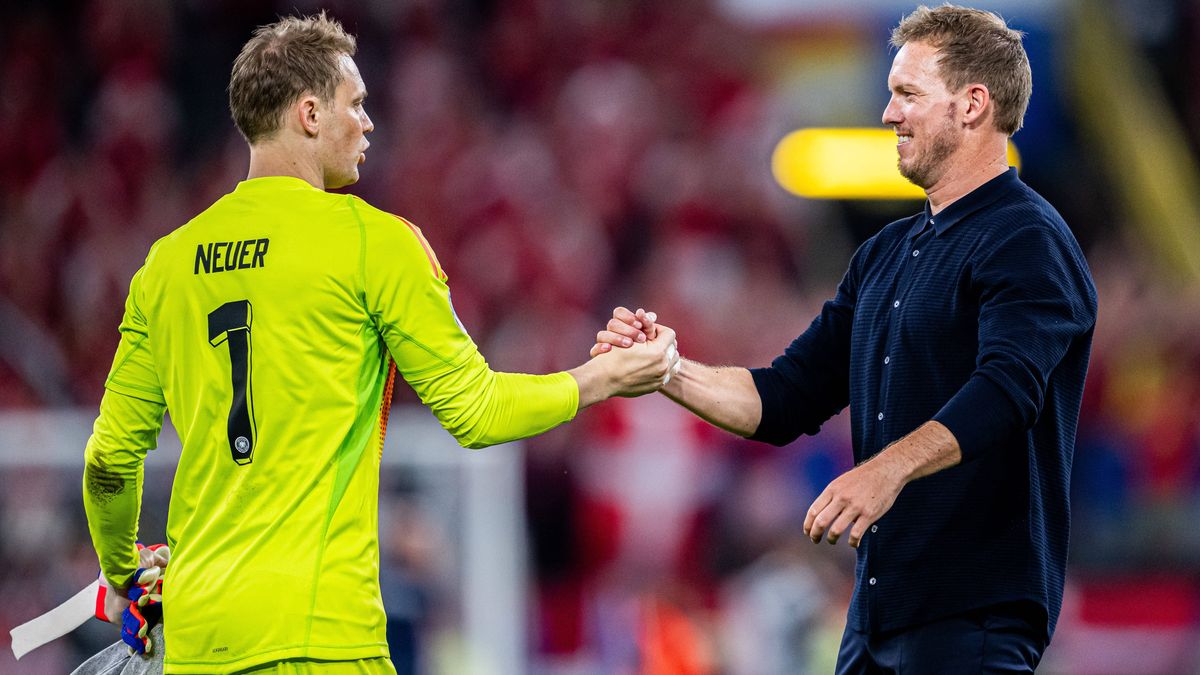240629 Goalkeeper Manuel Neuer and Head coach Julian Nagelsmann of Germany after the UEFA EURO, EM, Europameisterschaft,Fussball 2024 Football Championship round of 16 match between Germany and Den...