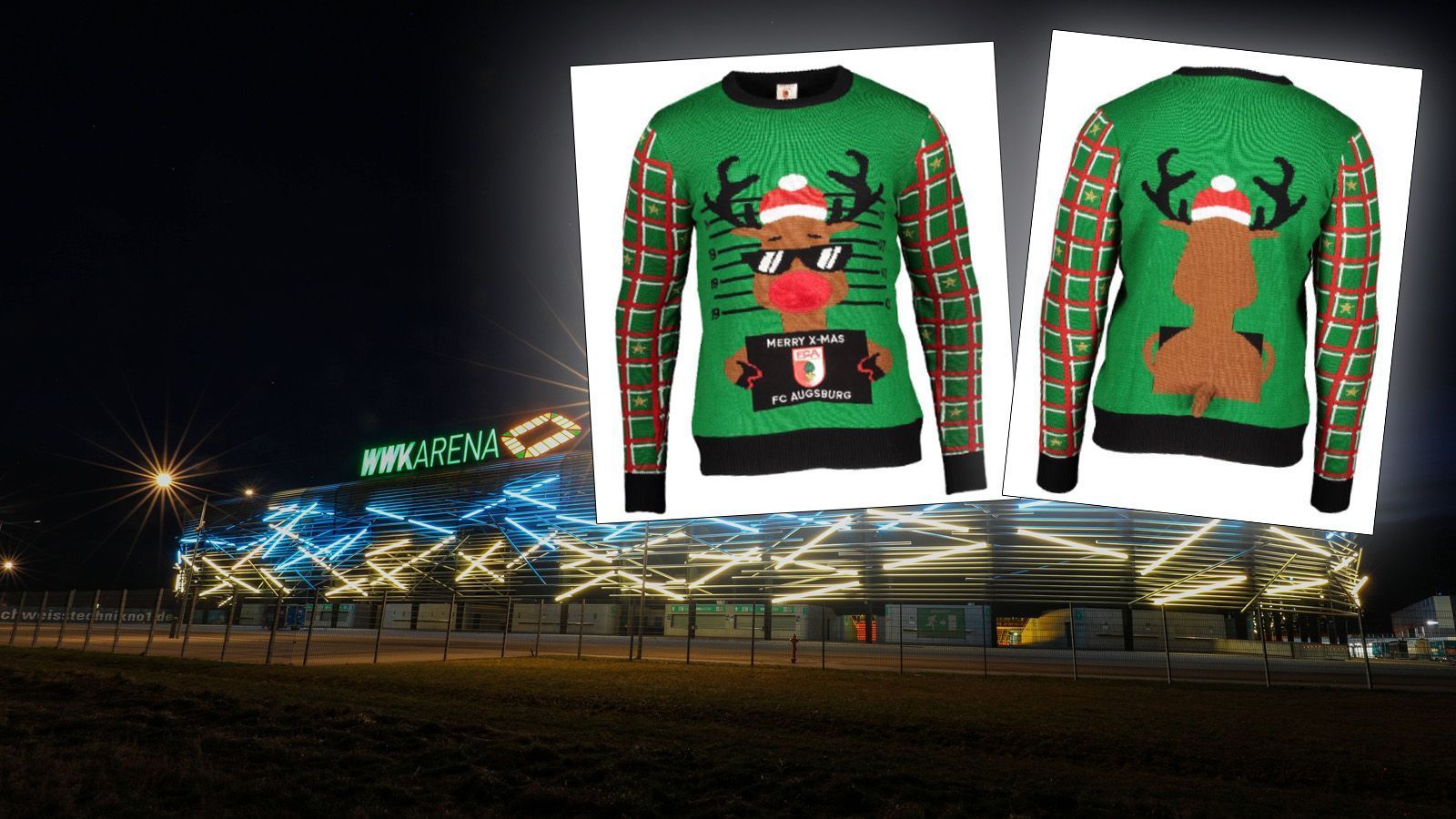 
                <strong>FC Augsburg</strong><br>
                Was das arme Rentier auf dem Ugly Sweater des FC Augsburg verbrochen hat, um im Stile eines Polizeifotos darauf zu landen? Immerhin beweist der Sweater Mut zur Hässlichkeit - so wie es sein soll. Und das 3D-Schwänzchen auf der Rückseite ist in jedem Falle ein Highlight.
              