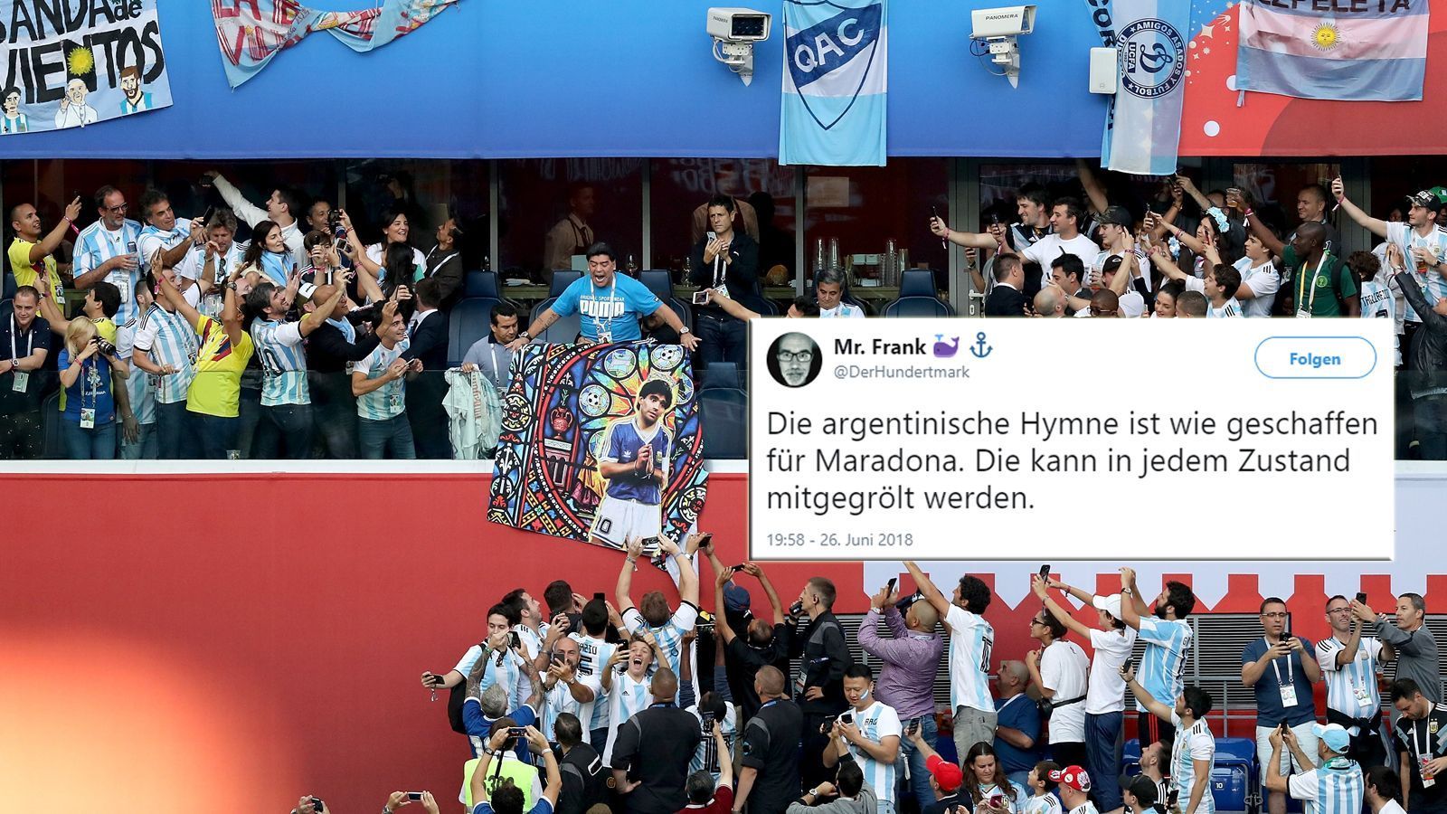 
                <strong>Maradona geht auf der Tribüne steil</strong><br>
                Diego Armando Maradona lässt sich das letzte Spiel der Argentinier in der Vorrunde gegen Nigeria natürlich nicht entgehen. Bei der WM in Russland ist er schließlich Ehrengast. Nur verhält er sich etwas anders, als es für einen Ehrengast üblich ist. Maradona geht ab, feiert Messi, die Albiceleste, aber vor allem sich. Und das kann er ganz gut. Wir haben die Bilder und die Twitterreaktionen zusammengefasst. UPDATE: Inzwischen hat er sich selbst zu Wort gemeldet und Entwarnung gegeben: "Es geht mir gut."
              