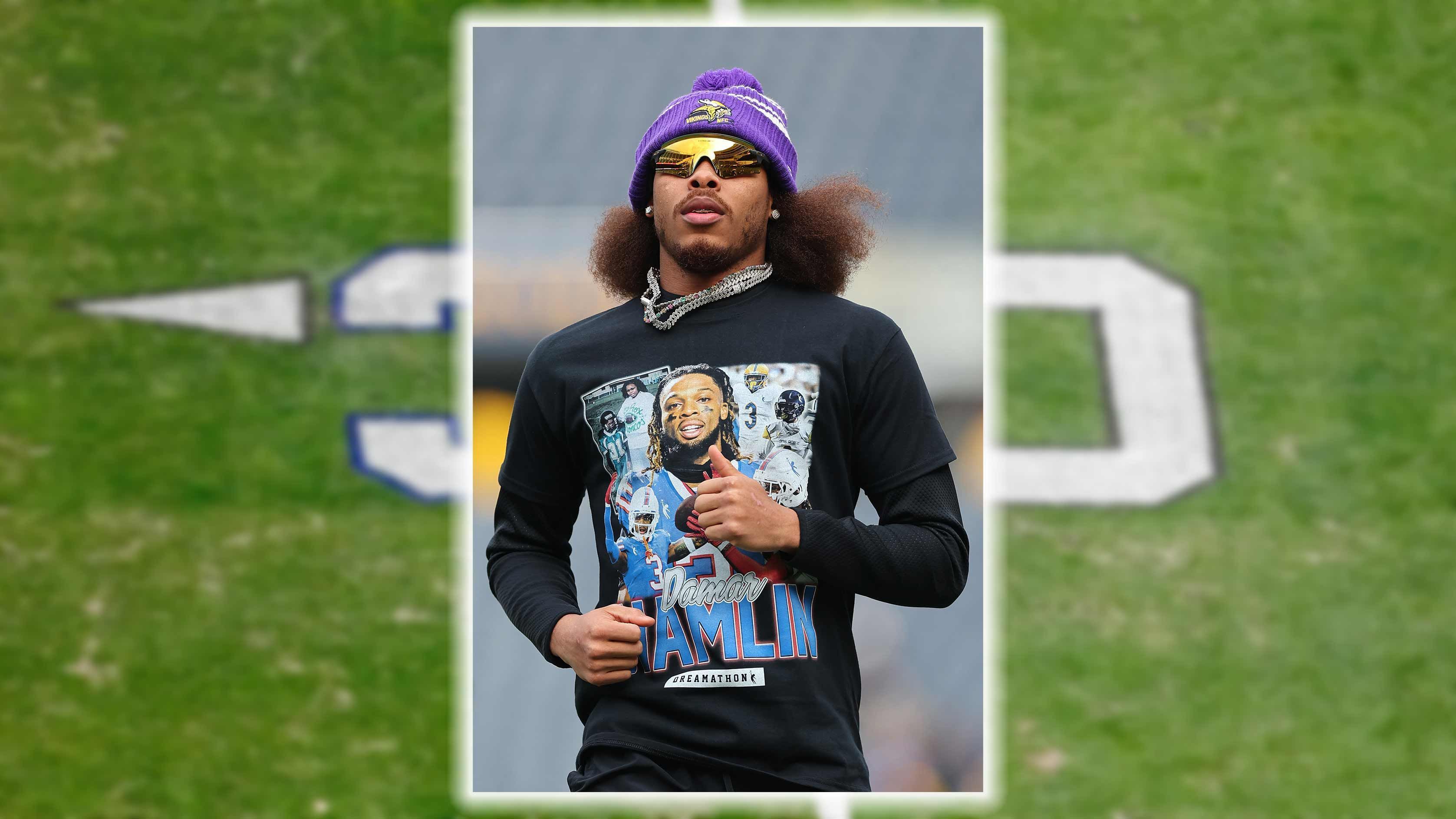 
                <strong>Justin Jefferson</strong><br>
                Der Star-Receiver der Minnesota Vikings mal wieder mit einem gewöhnungsbedürftigen Look - aber dafür mit einem schönen Hamlin-Shirt.
              