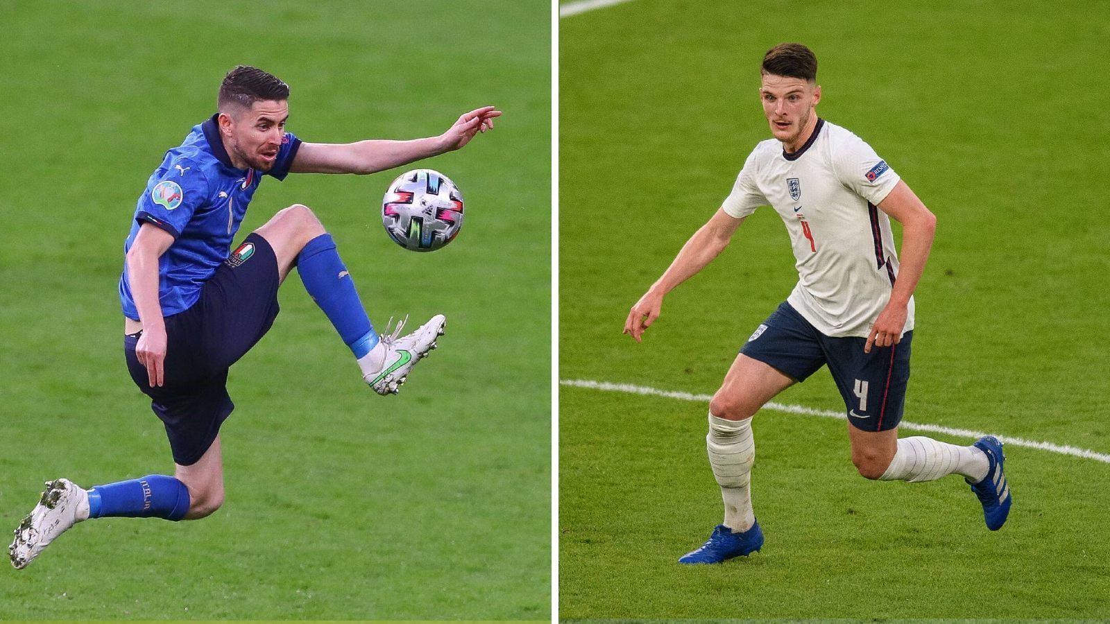 
                <strong>Defensives Mittelfeld: Jorginho vs. Declan Rice</strong><br>
                Den entscheidenden Elfmeter gegen Spanien verwandelte Jorginho zwar eiskalt, ansonsten beschränkt sich der Chelsea-Star fast ausschließlich auf den Spielaufbau und die defensive Arbeit im Mittelfeld. Als Lenker und Denker hat er großen Anteil am erfrischenden Spielstil der "Squadra Azzurra". Das englische Pendant hierzu auf der Gegenseite heißt Declan Rice. Der 22-Jährige gilt als der legitime Nachfolger von Frank Lampard im Mittelfeld und dürfte sich bald vor Angeboten der Top-Klubs nicht mehr retten können. In der Rückwärtsbewegung lässt er sich fast als dritter Innenverteidiger fallen, während er die erste Anspielstation im Spiel nach vorne ist. Beide sind gleich wichtig für ihr Team, deshalb bekommen auch beide einen Punkt. Stand: 5:4.
              