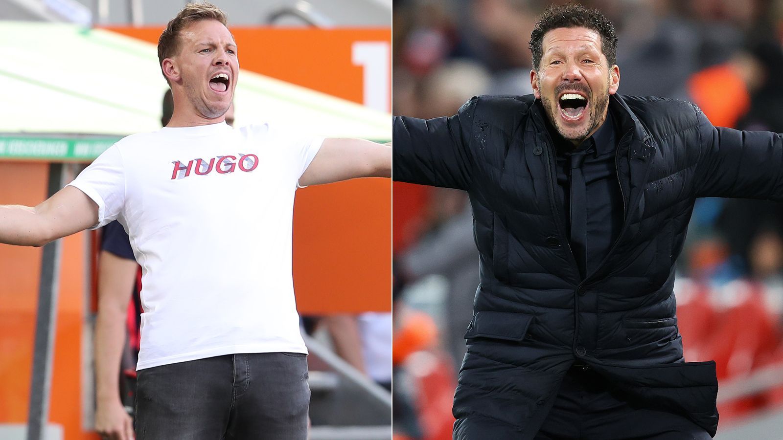 
                <strong>Trainer</strong><br>
                Der letzte Vergleich dreht sich um die Trainer Julian Nagelsmann (li.) und Diego Simeone, deren Werdegang kaum unterschiedlicher sein könnte. Während Nagelsmann einst bei Hoffenheim zum jüngsten Bundesliga-Trainer der Geschichte wurde, hatte der Argentinier Simeone eine große Spielerkarriere mit Stationen wie Atletico, Lazio Rom oder Inter Mailand. Der erst 33-jährige Nagelsmann beendete bereits mit 20 seine aktive Laufbahn. Der Ex-Jugendspieler von 1860 München schaffte es zu einigen U19-Bundesligaspielen, stieg danach früh ins Trainergeschäft ein. Simeone (108 Länderspiele für Argentinien) spielte hingegen bis 35, sattelte im Februar 2006 um und wurde bei seinem letzten Klub als Profi, Racing Club, Coach. Nach weiteren Stationen in Argentinien und in Italien bei Catania, ist Simeone seit Anfang 2012 Atletico-Trainer. Mit dem strikten Defensiv-Konzept führte er den Klub zu einem Meistertitel, einem Pokalsieg und zwei Europa-League-Siegen. Bei der Spiel-Philosophie unterscheiden sich Simeone und Nagelsmann ebenfalls wieder enorm. Der Leipziger Trainer bevorzugt ganz klar mutigen Offensivfußball.
              