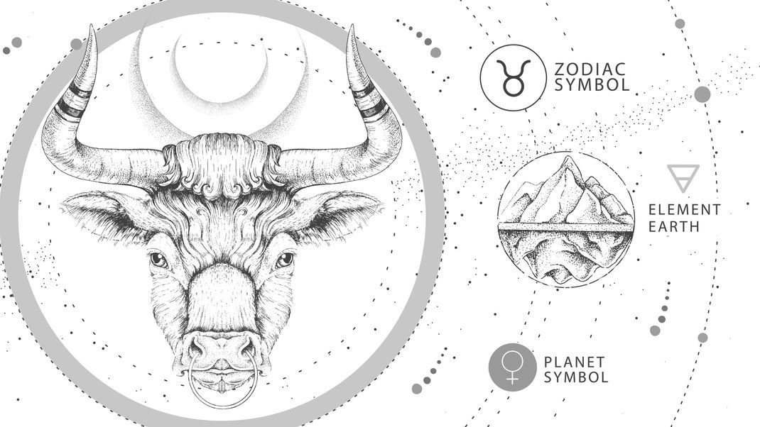 Das Stier-Symbol, sichtbar als stilisierter Kopf eines Stieres rechts oben bei "Zodiac Symbol", repräsentiert die Stabilität, Ausdauer und Sinnlichkeit der Stiere.