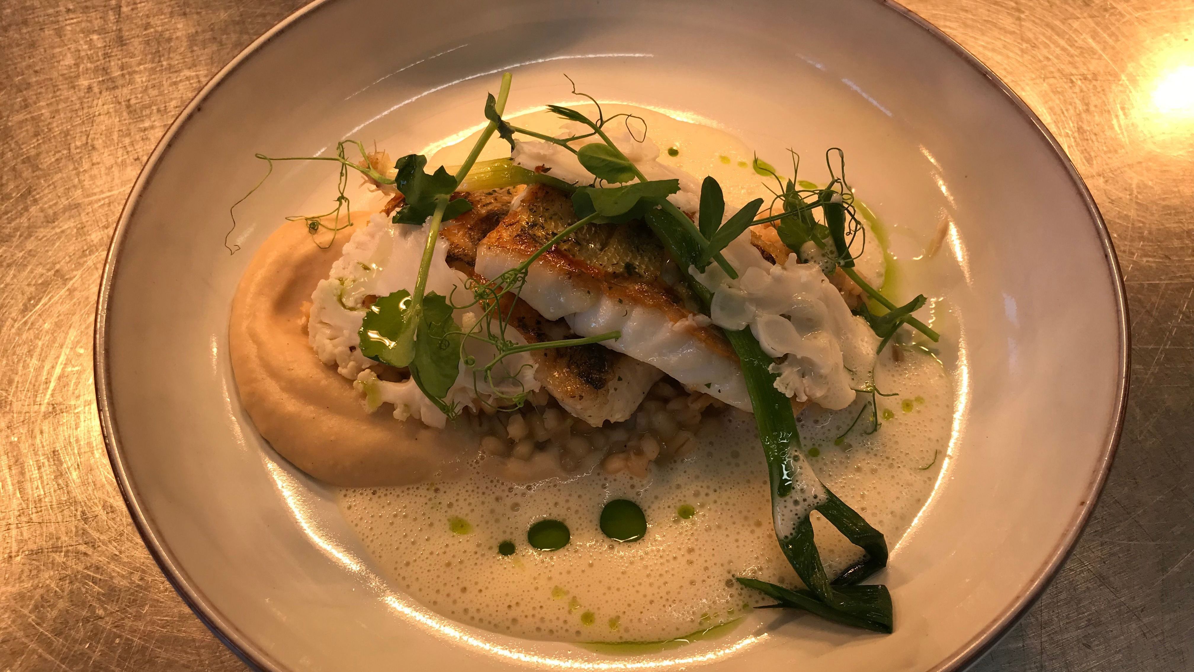 Zander mit Blumenkohl, Perlgraupen und Beurre Blanc