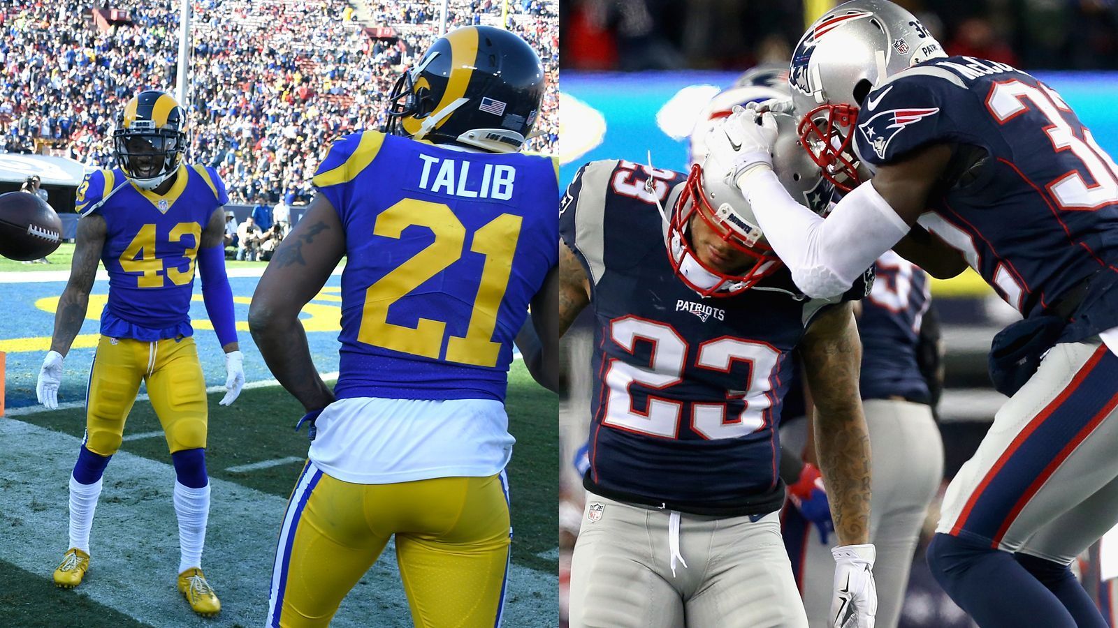 
                <strong>Secondary</strong><br>
                Die Pats-Secondary zeigte sich im Saisonverlauf durchaus anfällig: Die zugelassenen Passing Yards per Game stiegen von der Regular Season zu den Playoffs von 246,4 auf 282,5. Bei den Rams sind die Werte einen Tick geringer (236,2 und 250). In Sachen zugelassene Passing Touchdowns nehmen sich beide Teams über die gesamte Saison inklusive Playoffs nicht viel (Patriots: 35, Rams: 34). Beide Teams verbuchten jeweils 19 Interceptions (jeweils eine davon in den Playoffs). Mehr Ausgeglichenheit geht nicht. Unentschieden: 4:4!
              